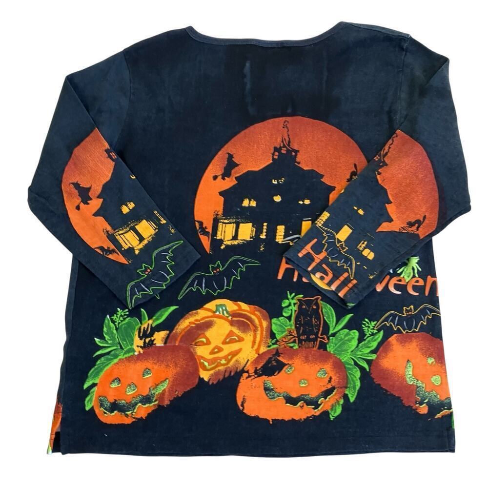 Vintage Jane Ashley Sz M Halloween Shirt Black Orange Beaded Haunted House - Picture 11 of 15